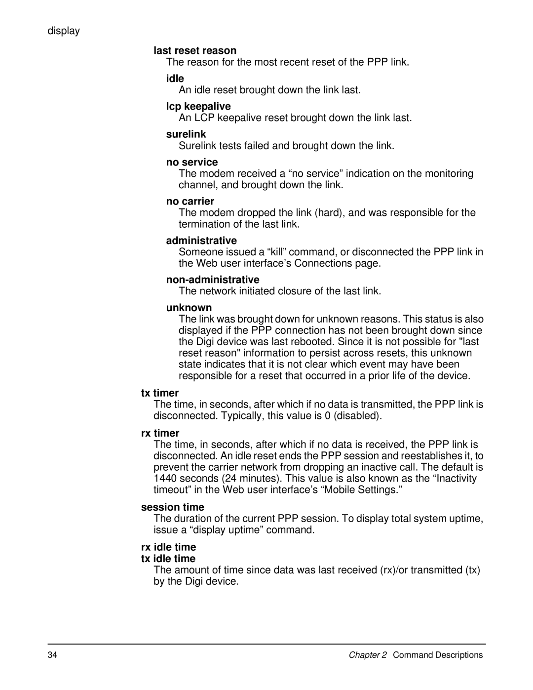 Digi 90000566_H manual Last reset reason, Idle, Lcp keepalive, Surelink, No service, No carrier, Administrative, Unknown 