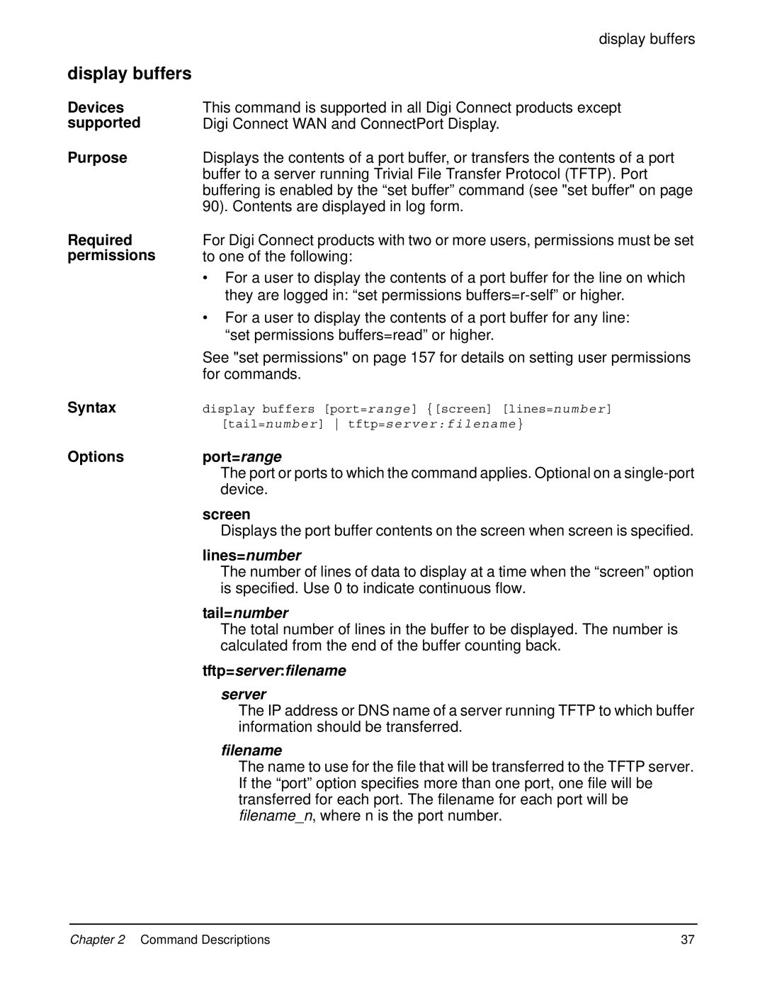 Digi 90000566_H manual Display buffers, Tail=number, Tftp=serverfilename, Server, Filename 