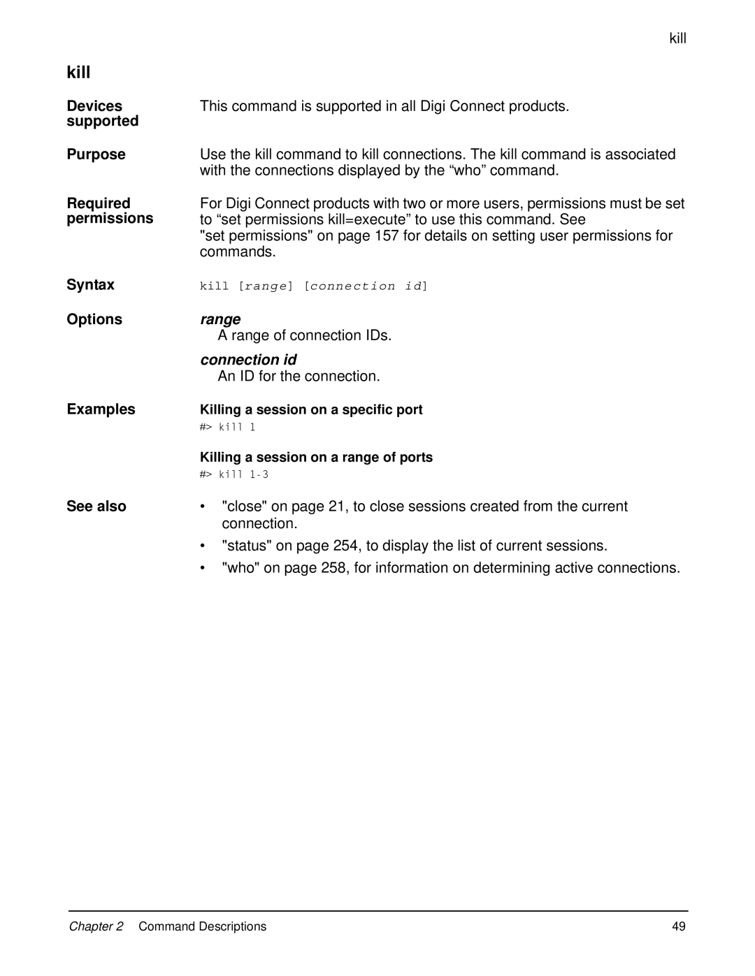 Digi 90000566_H manual Kill, Range, Connection id 