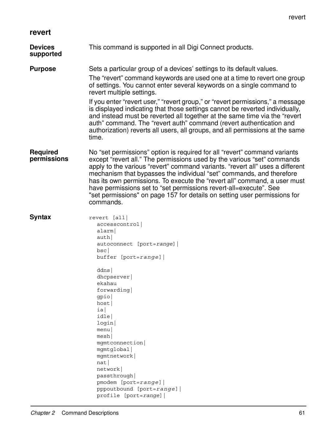 Digi 90000566_H manual Revert multiple settings, Auth command. The revert auth command revert authentication, Time 