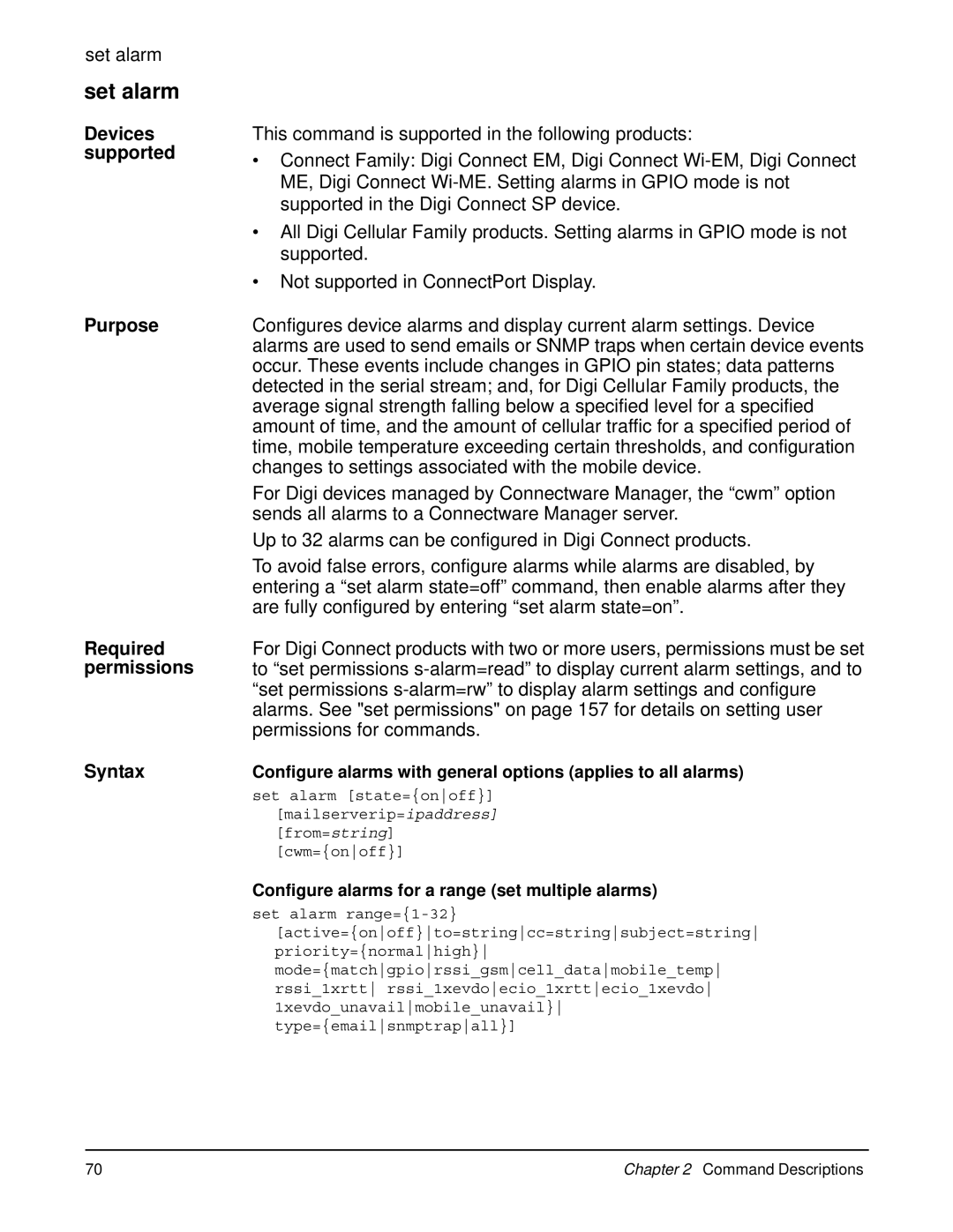 Digi 90000566_H manual Set alarm, Devices supported Purpose Required permissions Syntax 