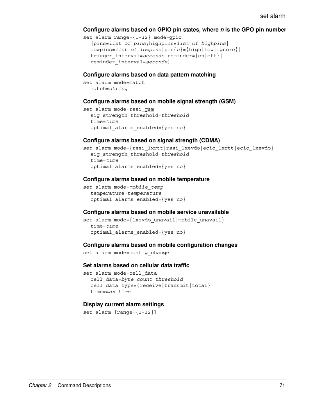 Digi 90000566_H Configure alarms based on data pattern matching, Configure alarms based on mobile signal strength GSM 