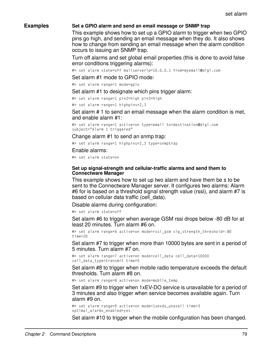 Digi 90000566_H manual Occurs to issuing an Snmp trap, Error conditions triggering alarms, Set alarm #1 mode to Gpio mode 