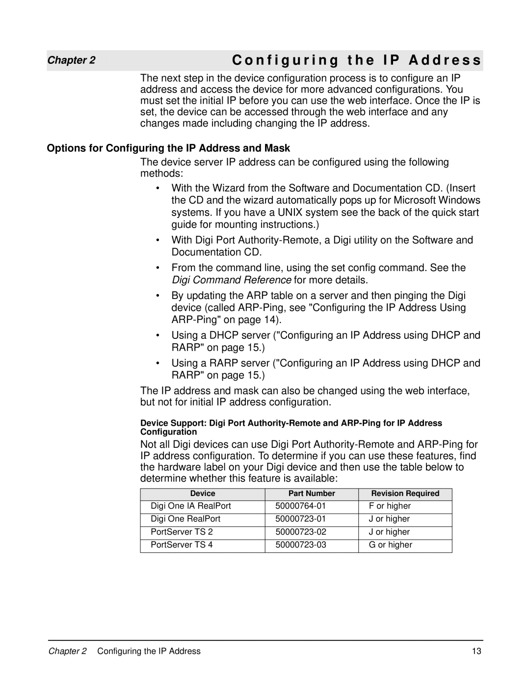 Digi 90000583_A manual N f i g u r i n g t h e I P a d d r e s s, Options for Configuring the IP Address and Mask 