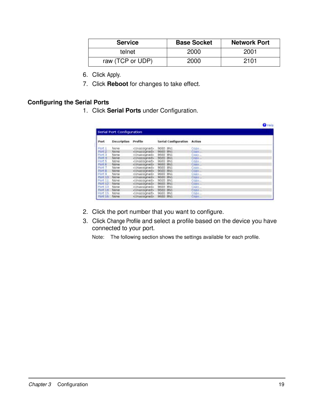 Digi 90000583_A manual Service Base Socket Network Port, Configuring the Serial Ports 