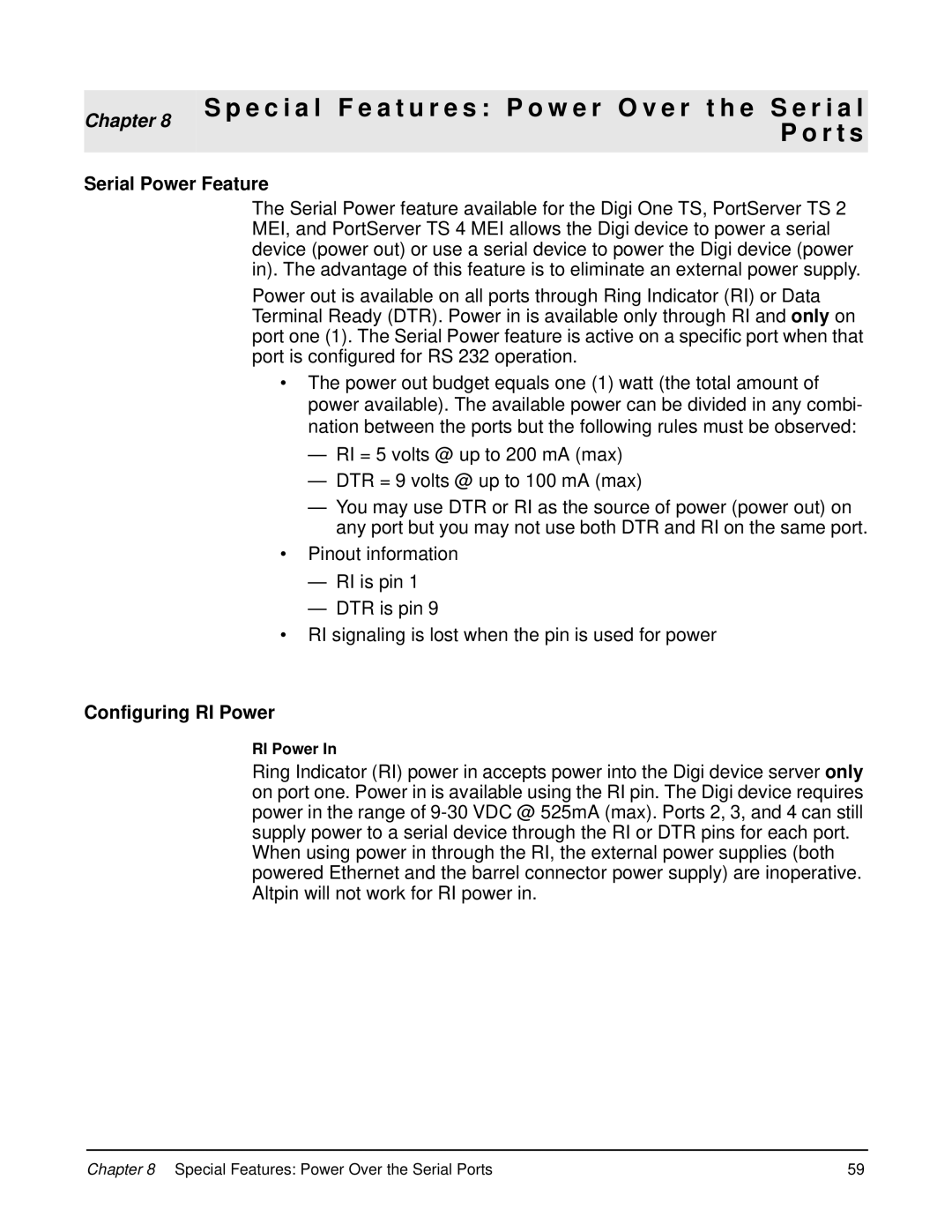 Digi 90000583_A manual Serial Power Feature, Configuring RI Power 