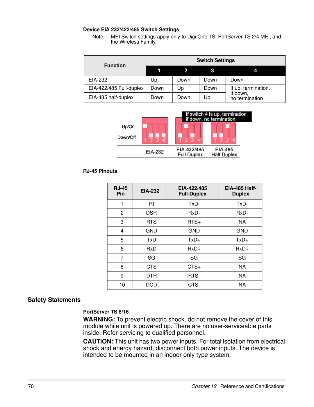 Digi 90000583_A manual Safety Statements, Device EIA 232/422/485 Switch Settings Function 