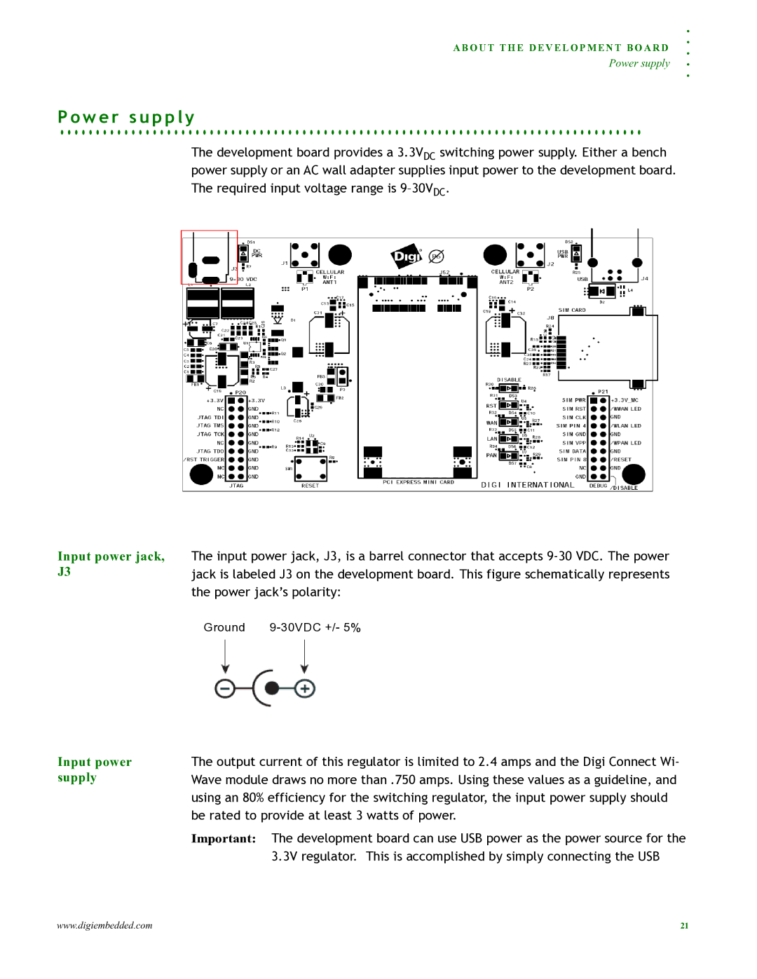 Digi 90000797_A manual W e r s u p p l y, Input power jack, J3 Input power supply 