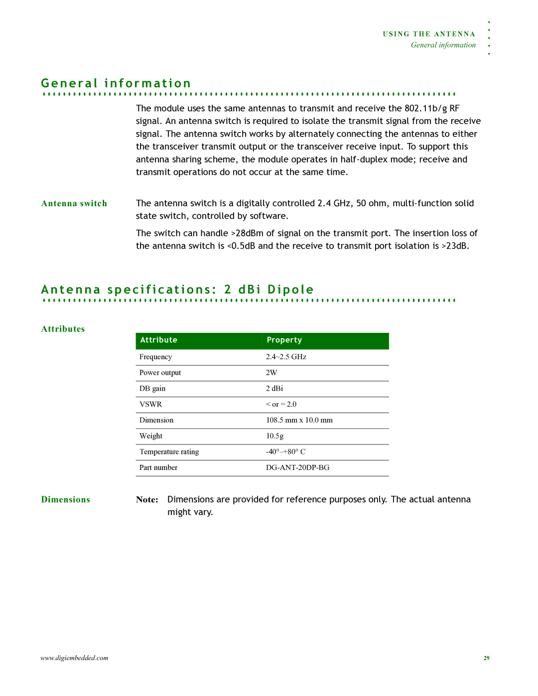 Digi 90000797_A N e r a l i n f o r m a t i o n, T e n n a Specification s 2 d B i D i p o l e, Attributes, Dimensions 