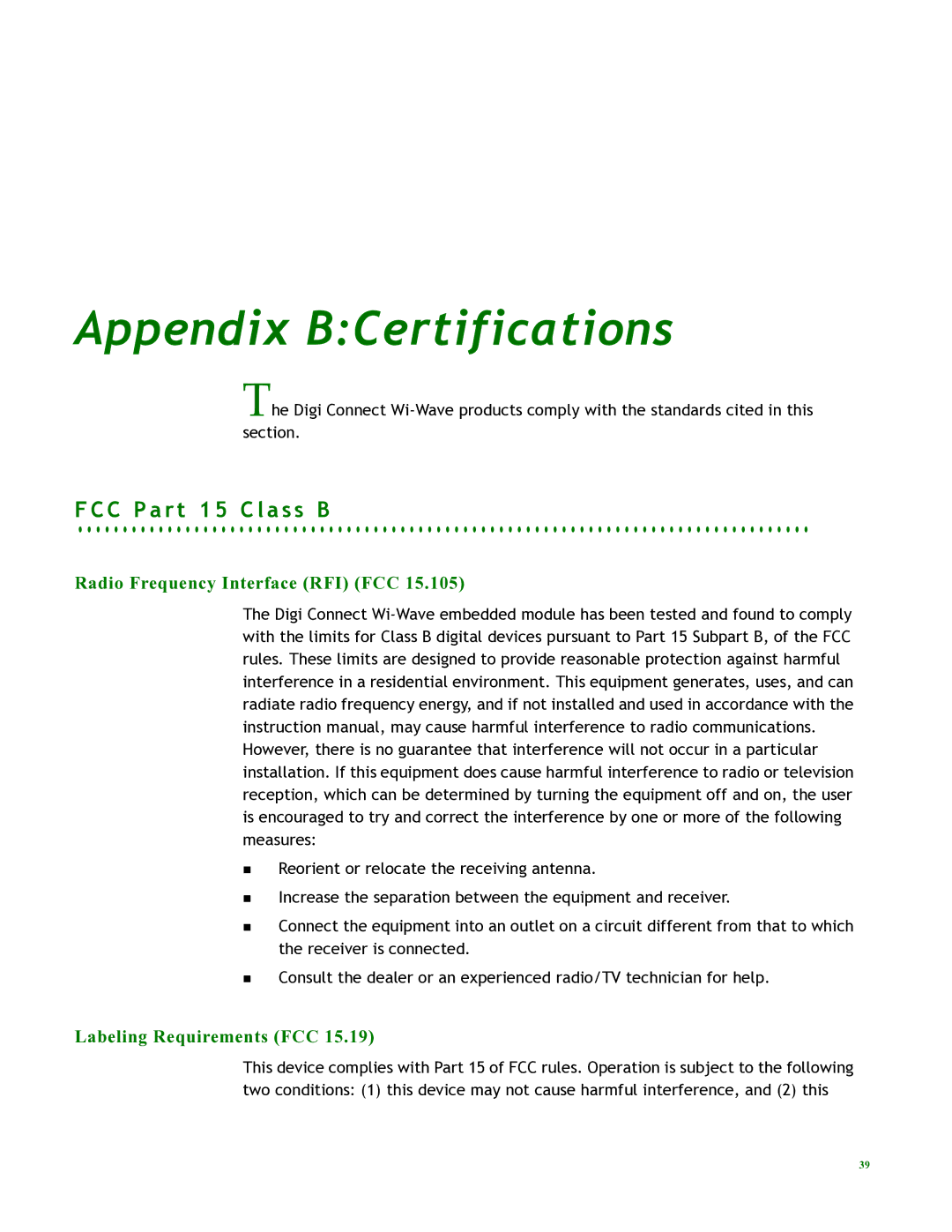 Digi 90000797_A manual Appendix BCertifications, C P a r t 1 5 C l a s s B 