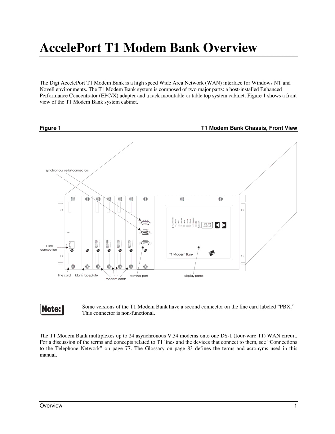 Digi 90031300 manual AccelePort T1 Modem Bank Overview, T1 Modem Bank Chassis, Front View 