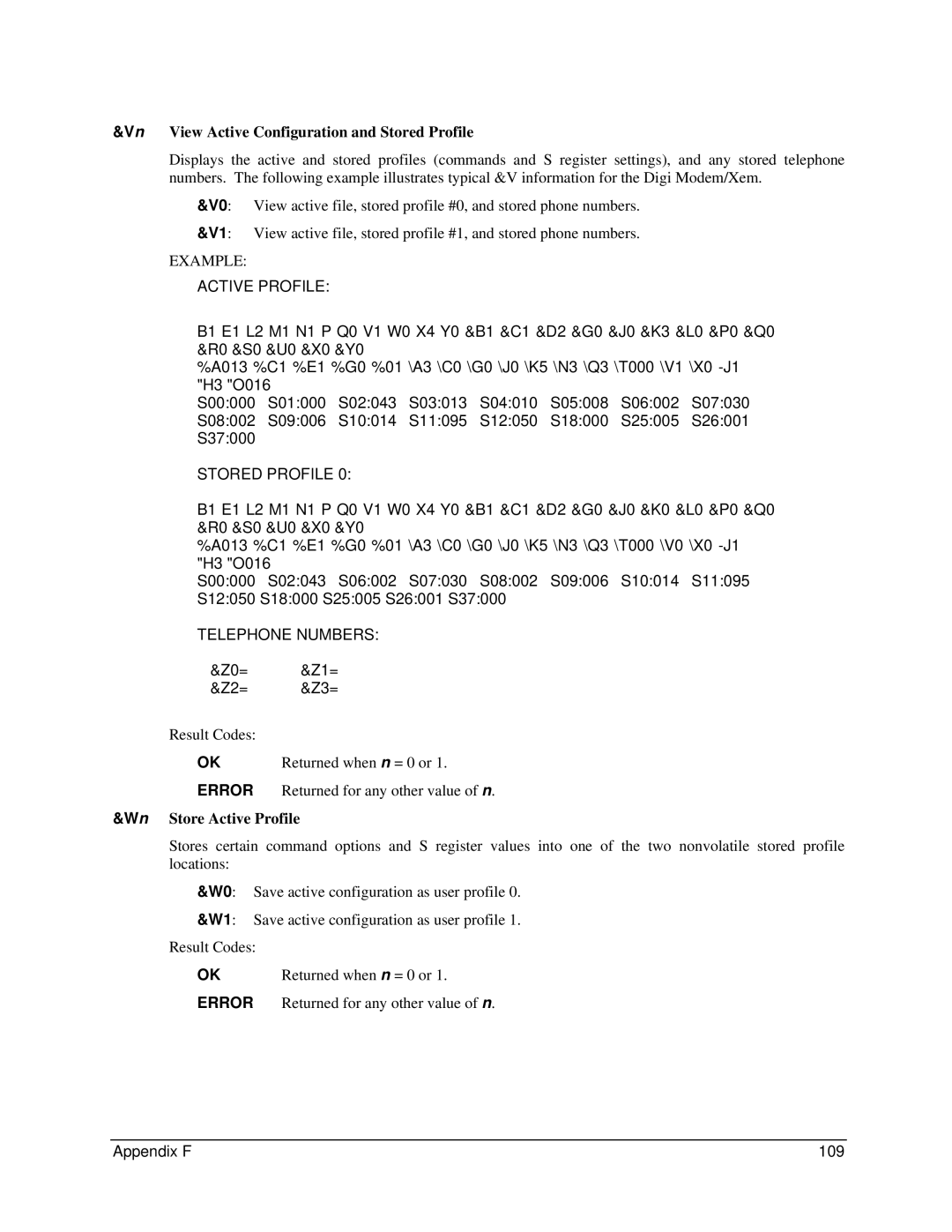 Digi 90031300 manual Vn View Active Configuration and Stored Profile, Result Codes Returned when n = 0 or 