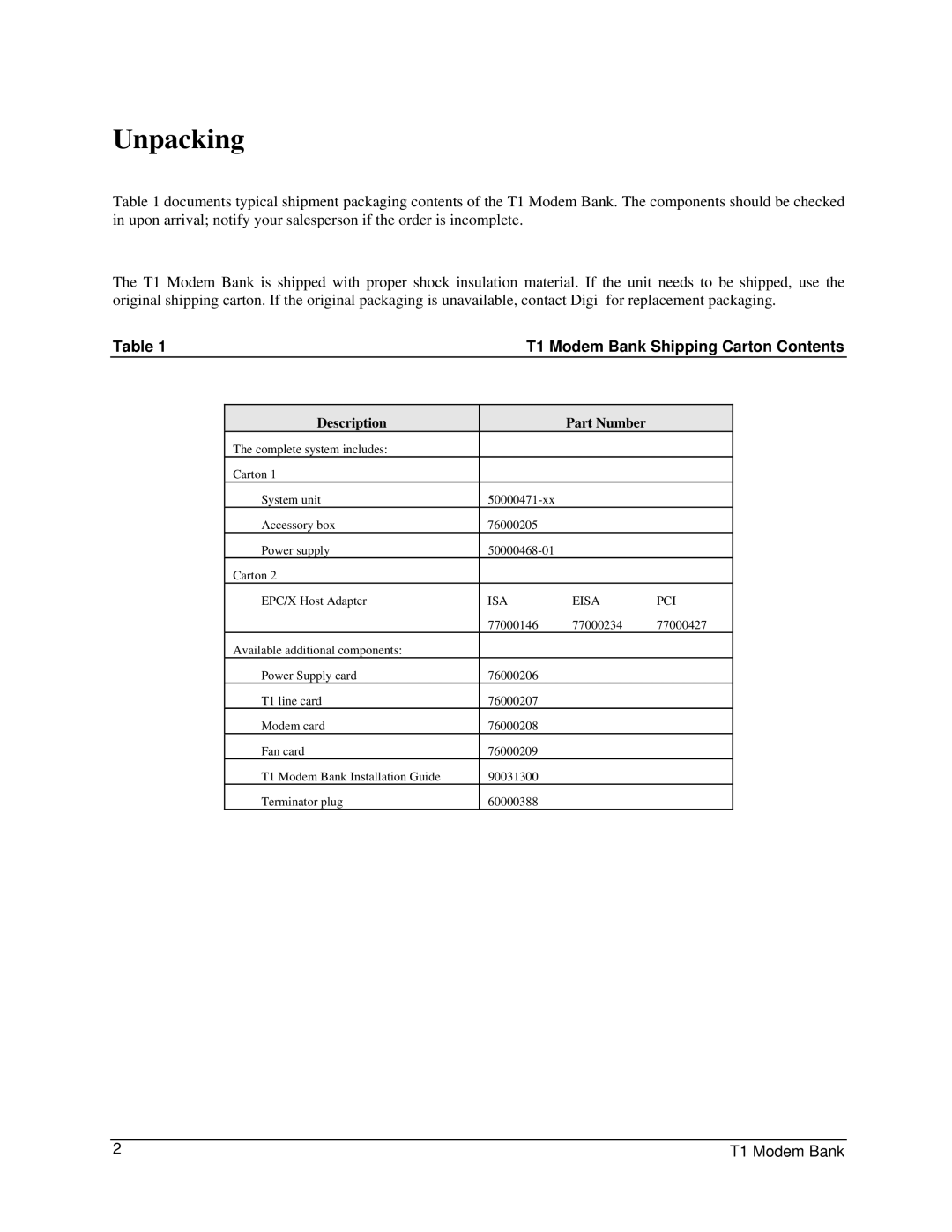 Digi 90031300 manual Unpacking, T1 Modem Bank Shipping Carton Contents 
