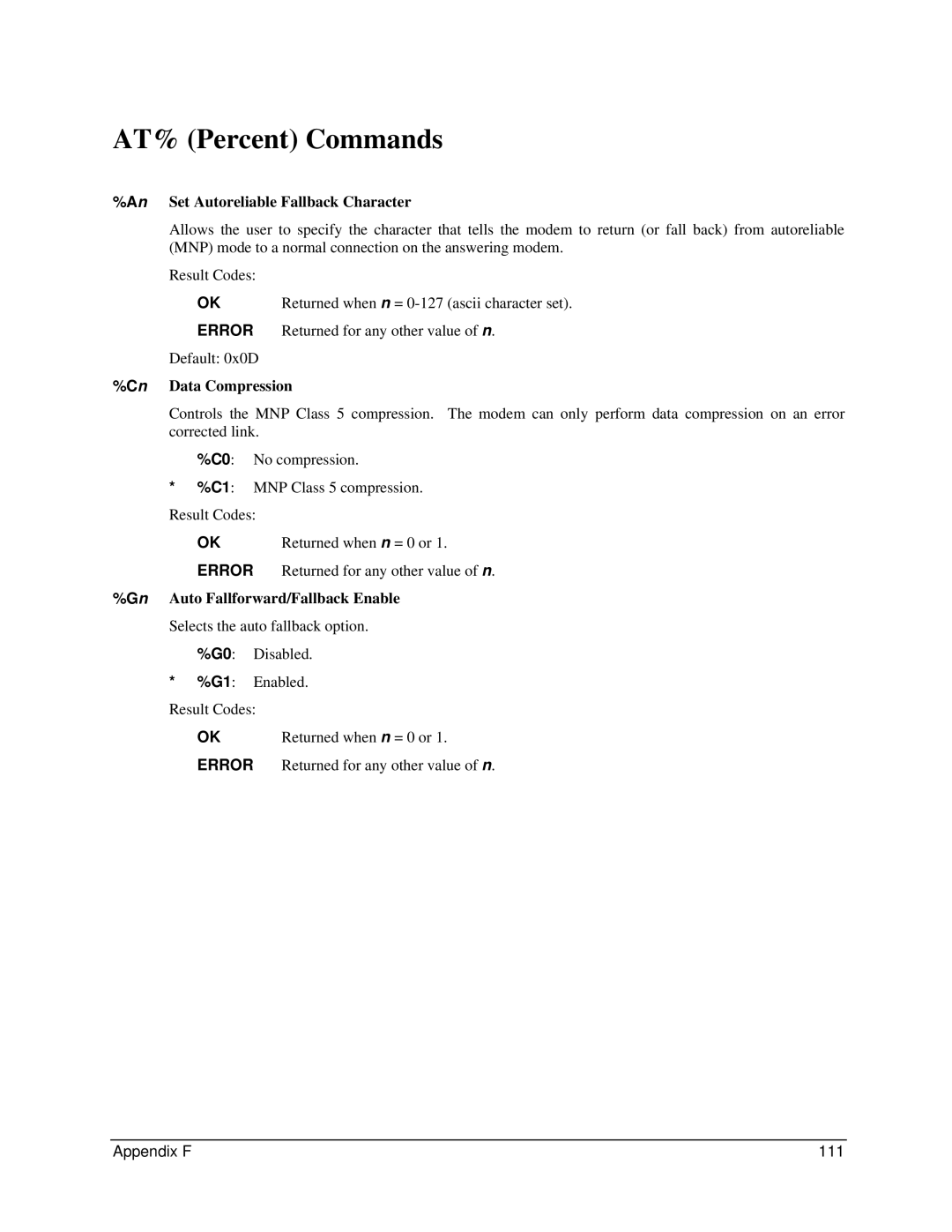 Digi 90031300 manual AT% Percent Commands, An Set Autoreliable Fallback Character, Cn Data Compression 