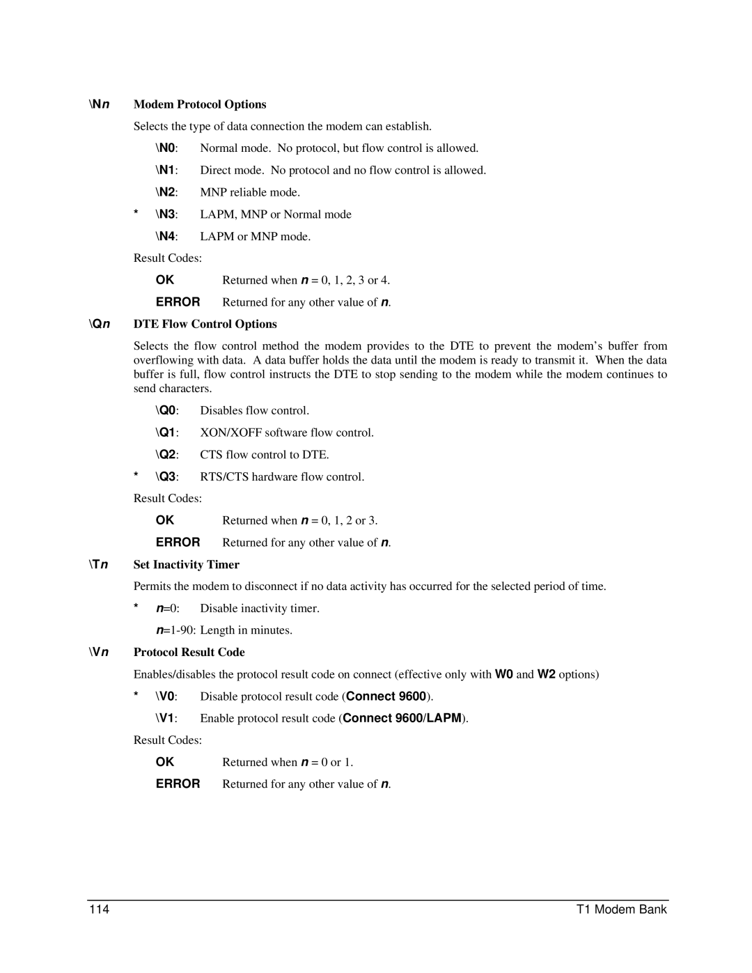 Digi 90031300 Nn Modem Protocol Options, Qn DTE Flow Control Options, Tn Set Inactivity Timer, Vn Protocol Result Code 