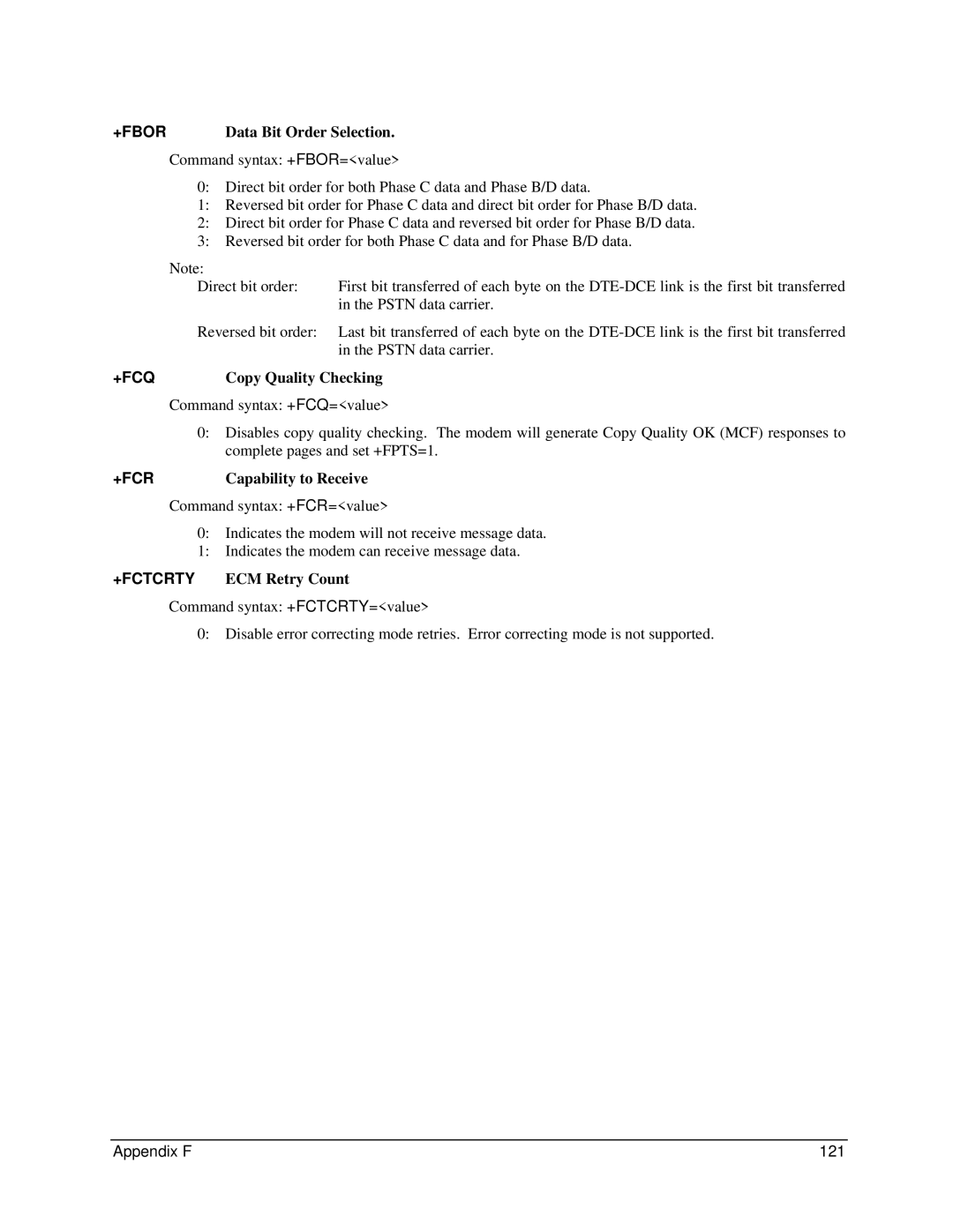 Digi 90031300 manual Data Bit Order Selection, Copy Quality Checking, Capability to Receive, +FCTCRTY ECM Retry Count 