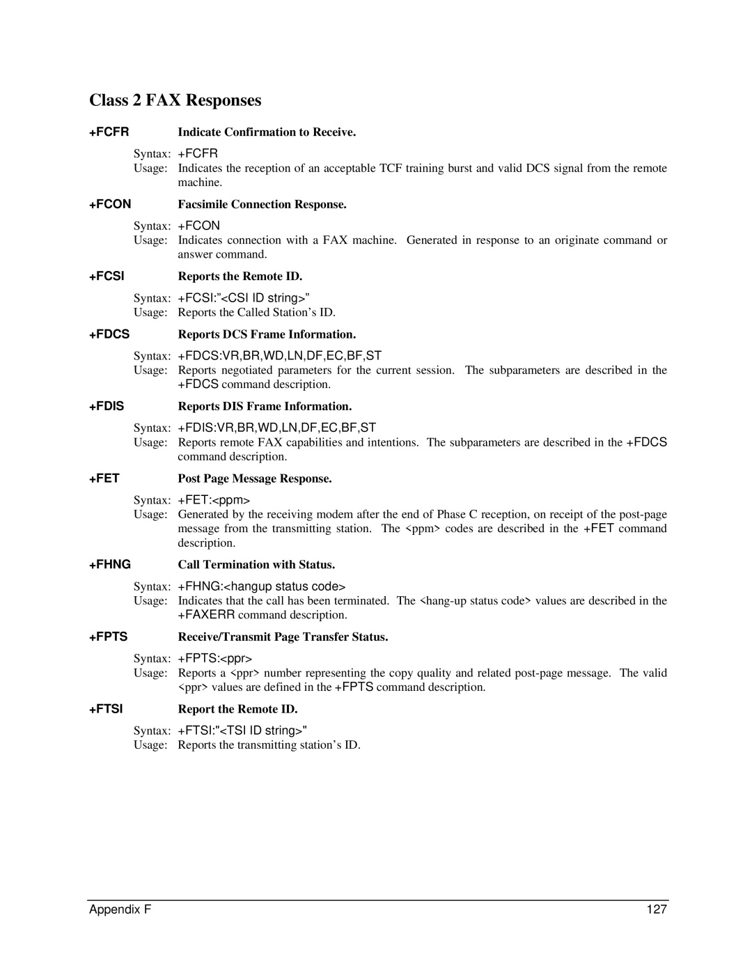 Digi 90031300 manual Class 2 FAX Responses 