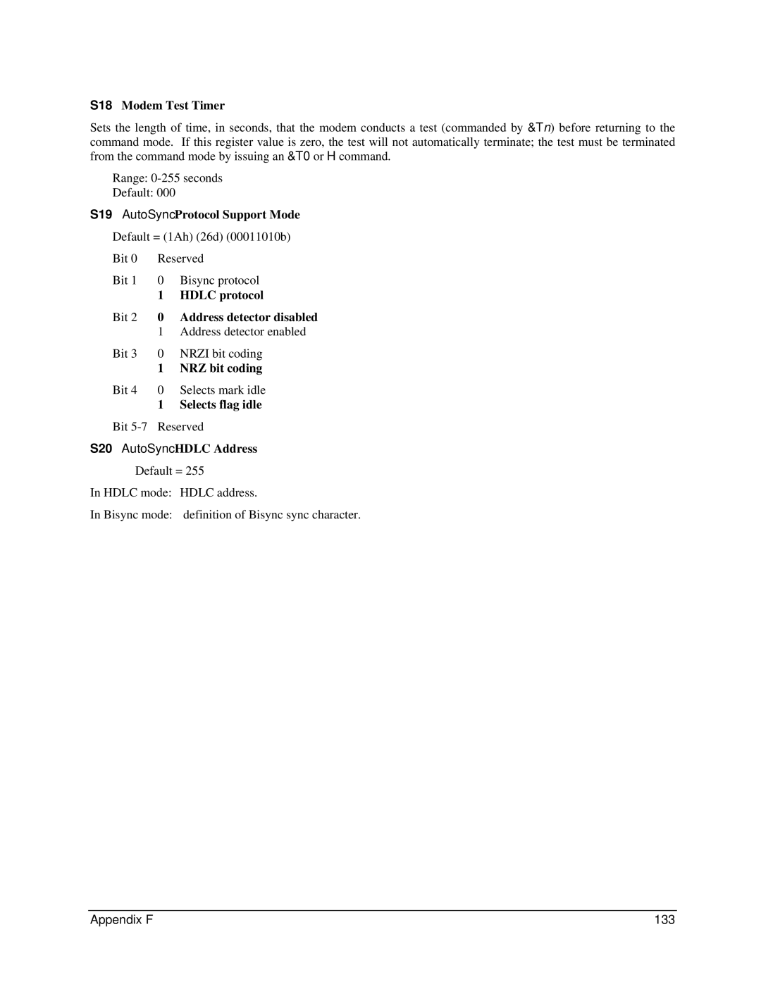 Digi 90031300 manual S18 Modem Test Timer, S19 AutoSync Protocol Support Mode, Hdlc protocol, Address detector disabled 