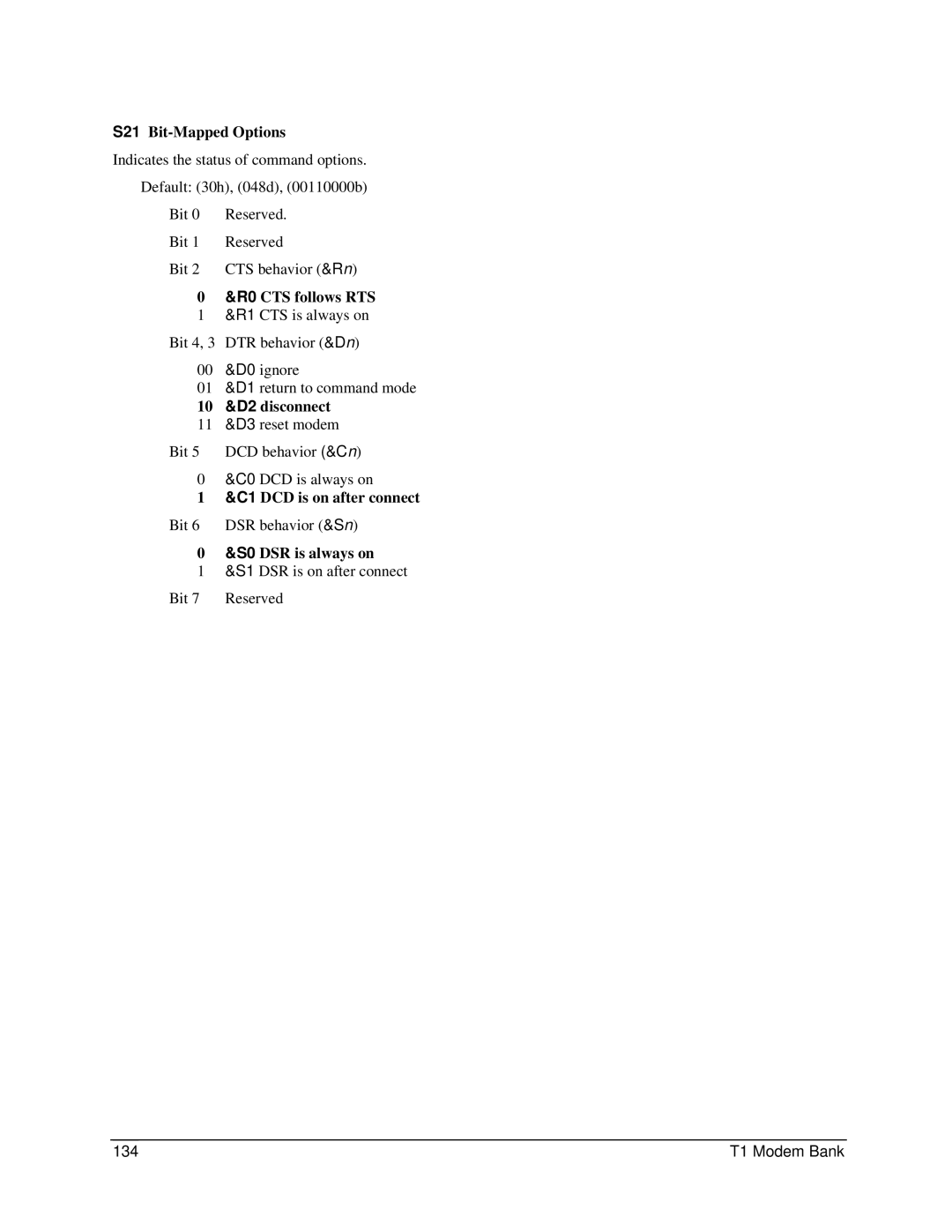 Digi 90031300 manual S21 Bit-Mapped Options, R0 CTS follows RTS, 10 &D2 disconnect, C1 DCD is on after connect 