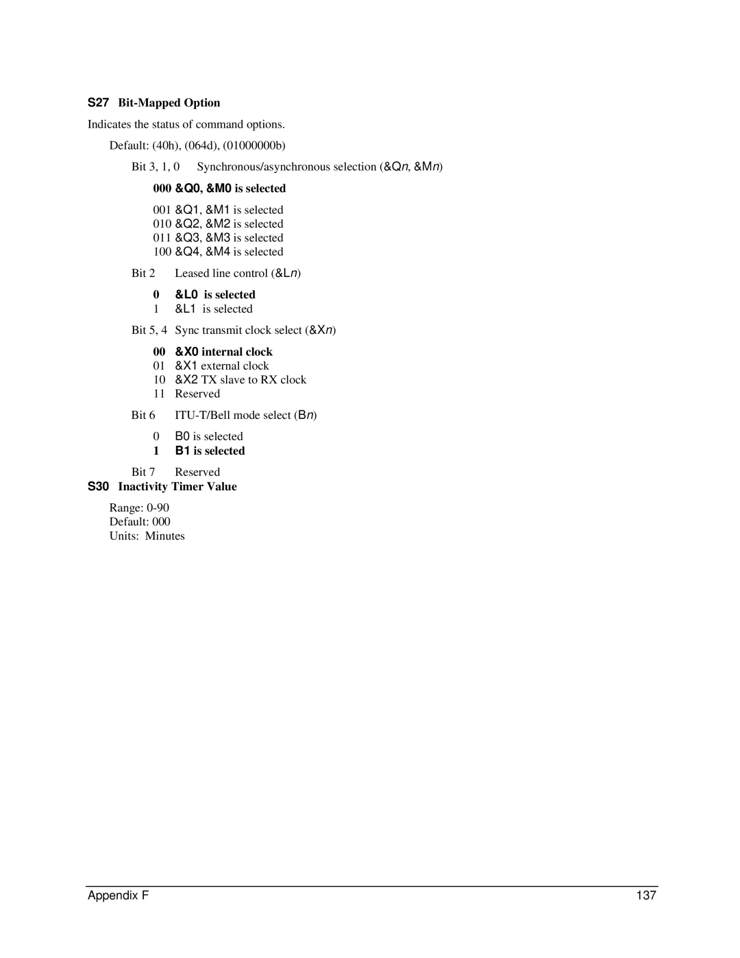 Digi 90031300 manual S27 Bit-Mapped Option, 000 &Q0, &M0 is selected, L0 is selected, 00 &X0 internal clock, B1 is selected 