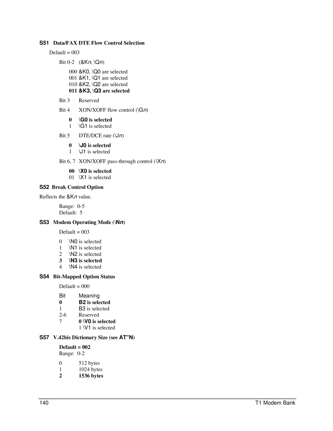 Digi 90031300 S51 Data/FAX DTE Flow Control Selection, 011 &K3, \Q3 are selected, G0 is selected, J0 is selected, Bytes 