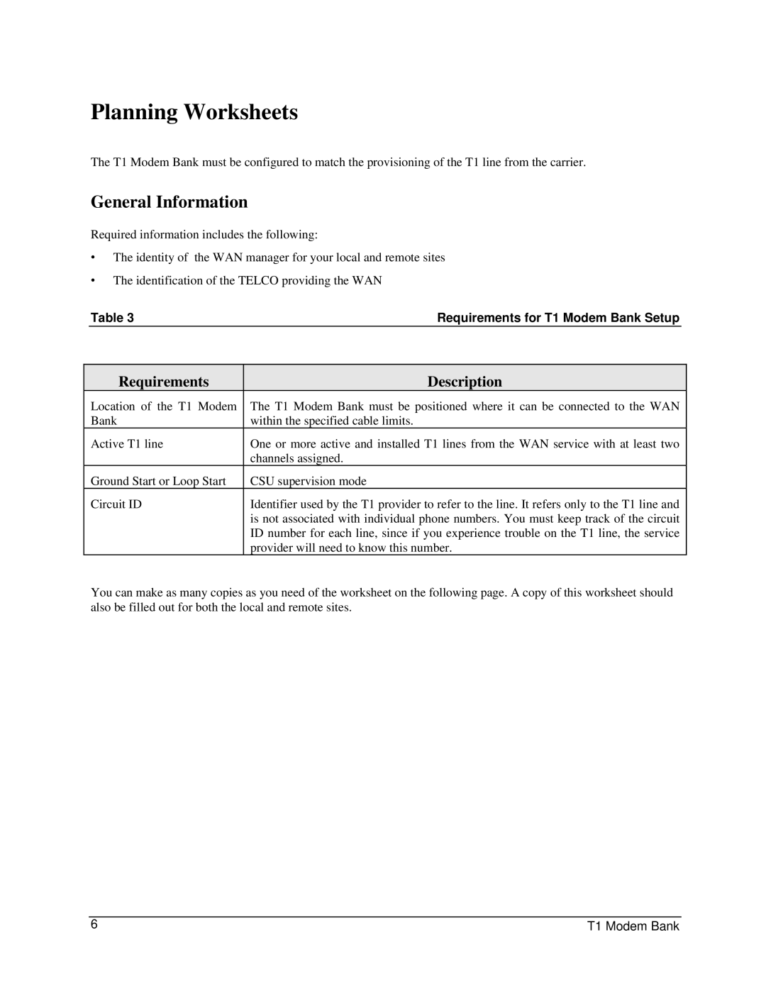 Digi 90031300 manual Planning Worksheets, General Information, Requirements for T1 Modem Bank Setup 