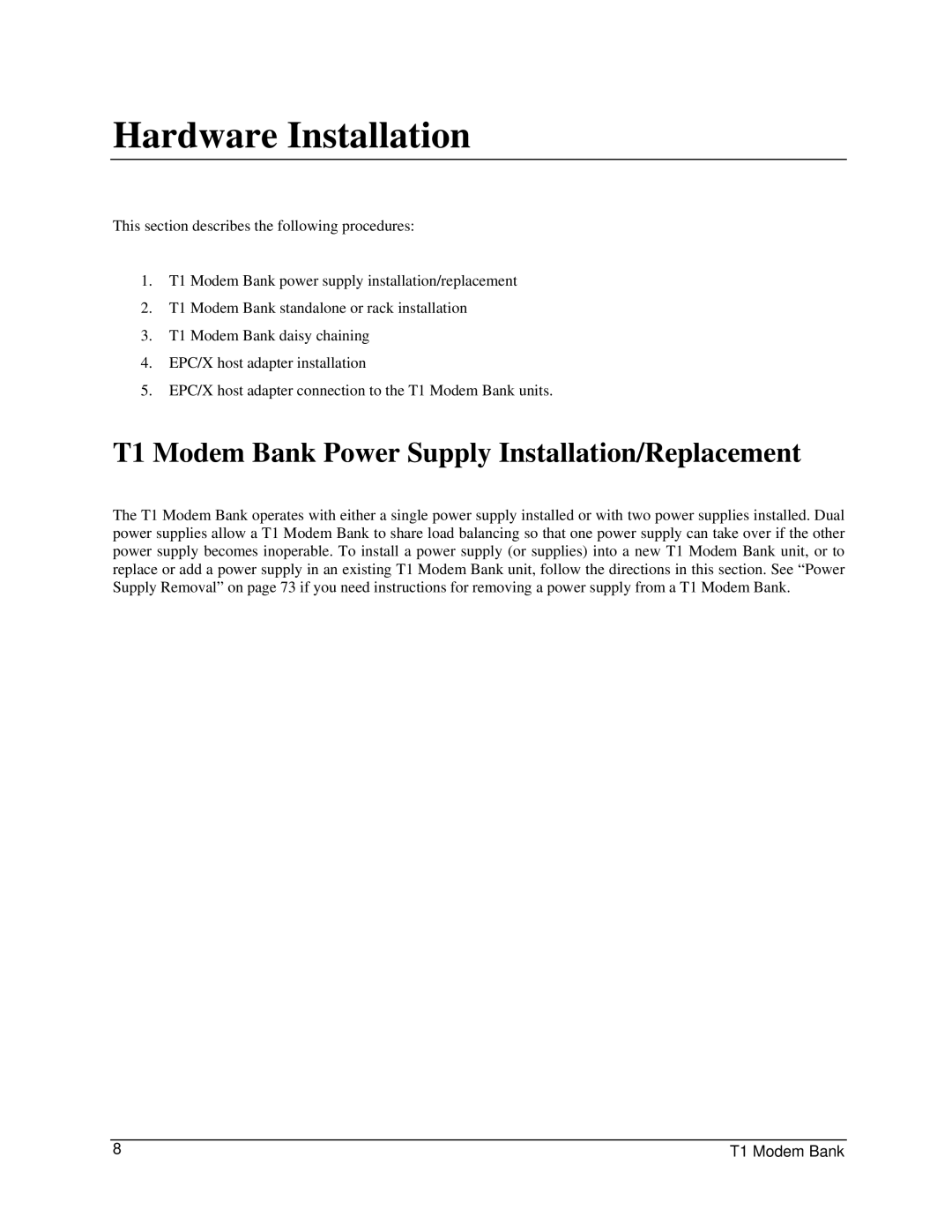 Digi 90031300 manual Hardware Installation, T1 Modem Bank Power Supply Installation/Replacement 