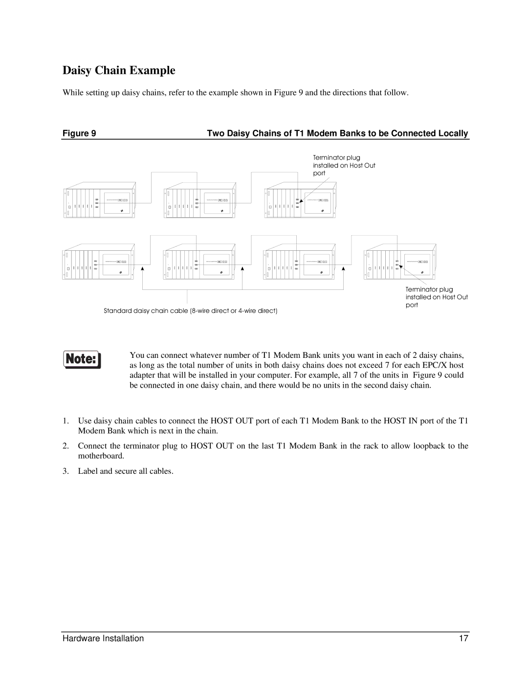 Digi 90031300 manual Daisy Chain Example, Two Daisy Chains of T1 Modem Banks to be Connected Locally 