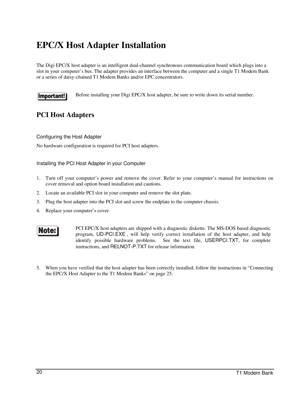 Digi 90031300 manual EPC/X Host Adapter Installation, PCI Host Adapters, Configuring the Host Adapter 