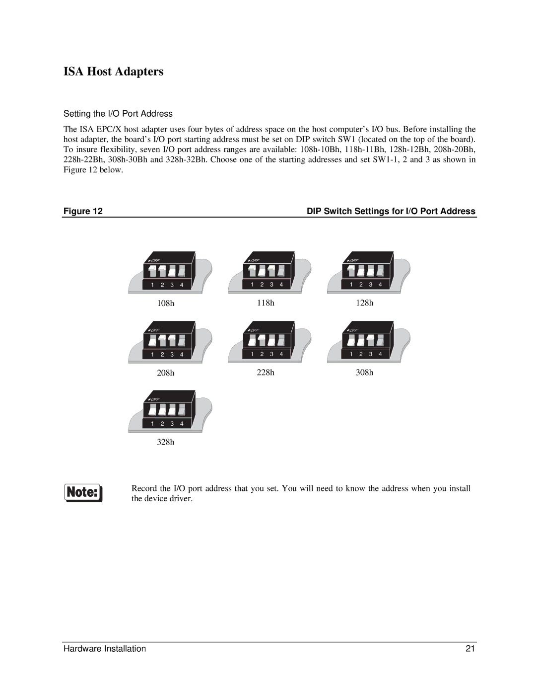 Digi 90031300 manual ISA Host Adapters, Setting the I/O Port Address, DIP Switch Settings for I/O Port Address 