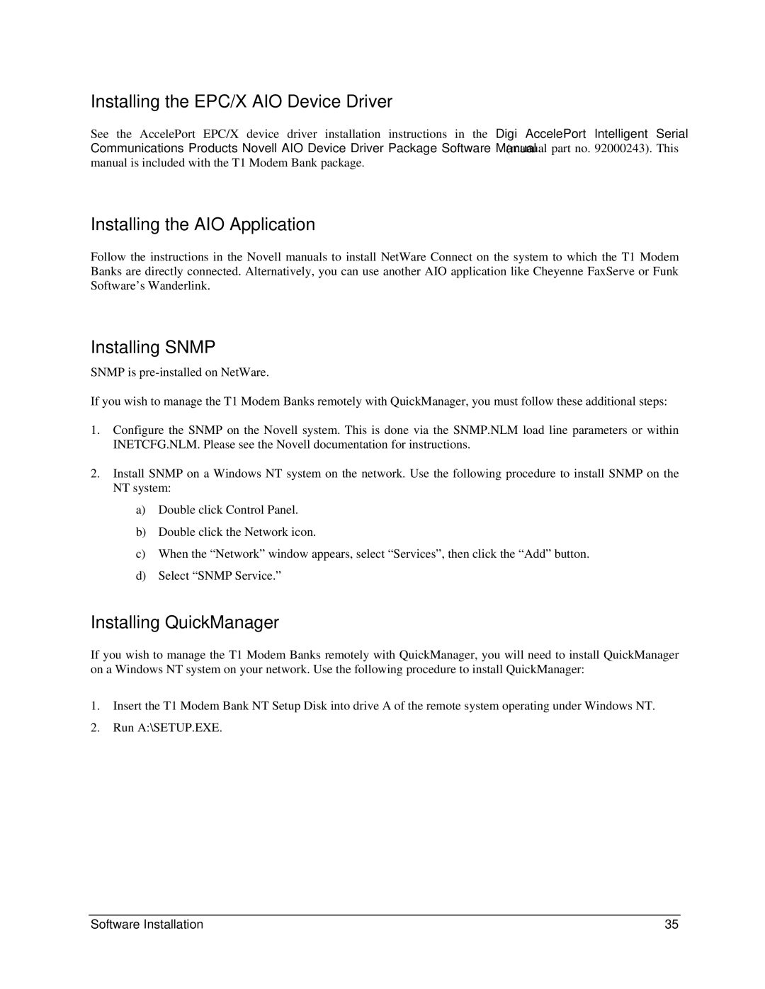 Digi 90031300 manual Installing the EPC/X AIO Device Driver, Installing the AIO Application, Installing Snmp 