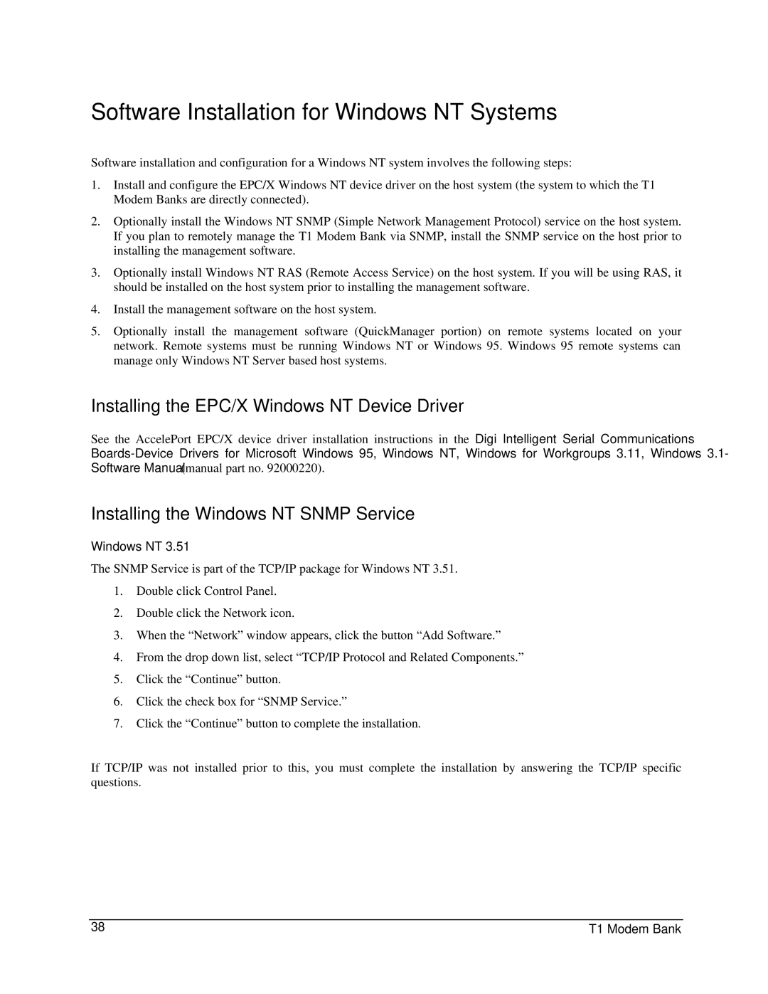 Digi 90031300 manual Software Installation for Windows NT Systems, Installing the EPC/X Windows NT Device Driver 