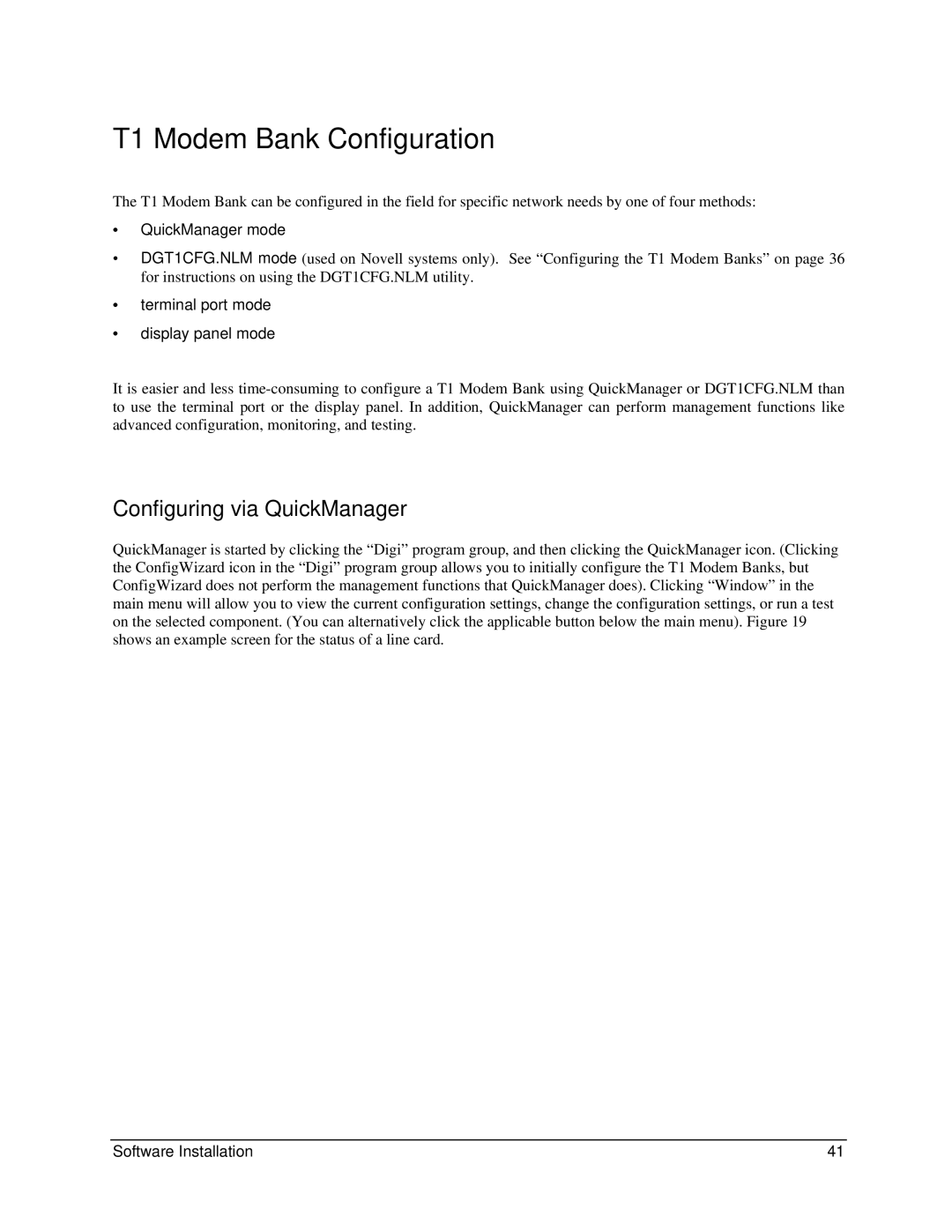 Digi 90031300 manual T1 Modem Bank Configuration, Configuring via QuickManager, ∙ QuickManager mode 