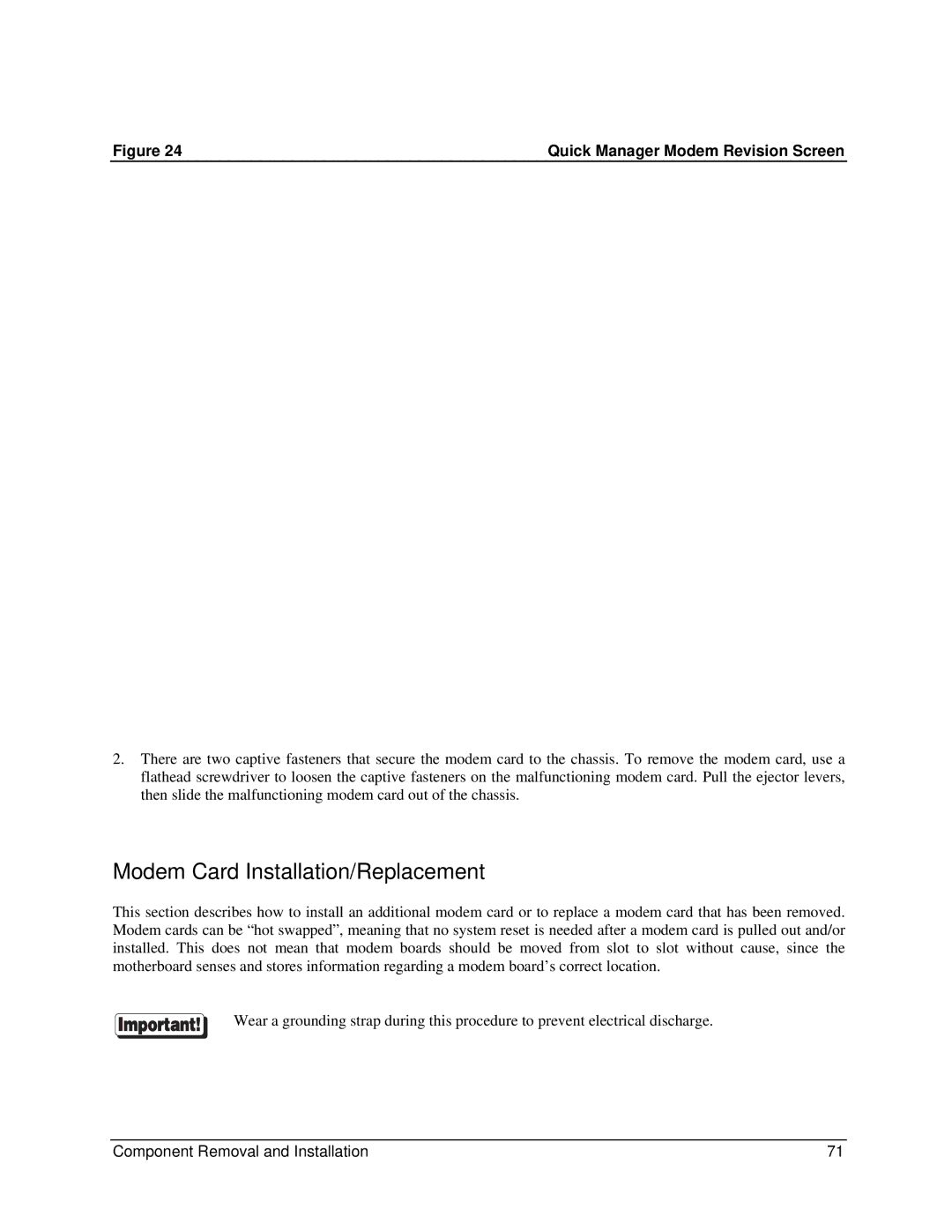 Digi 90031300 manual Modem Card Installation/Replacement, Quick Manager Modem Revision Screen 