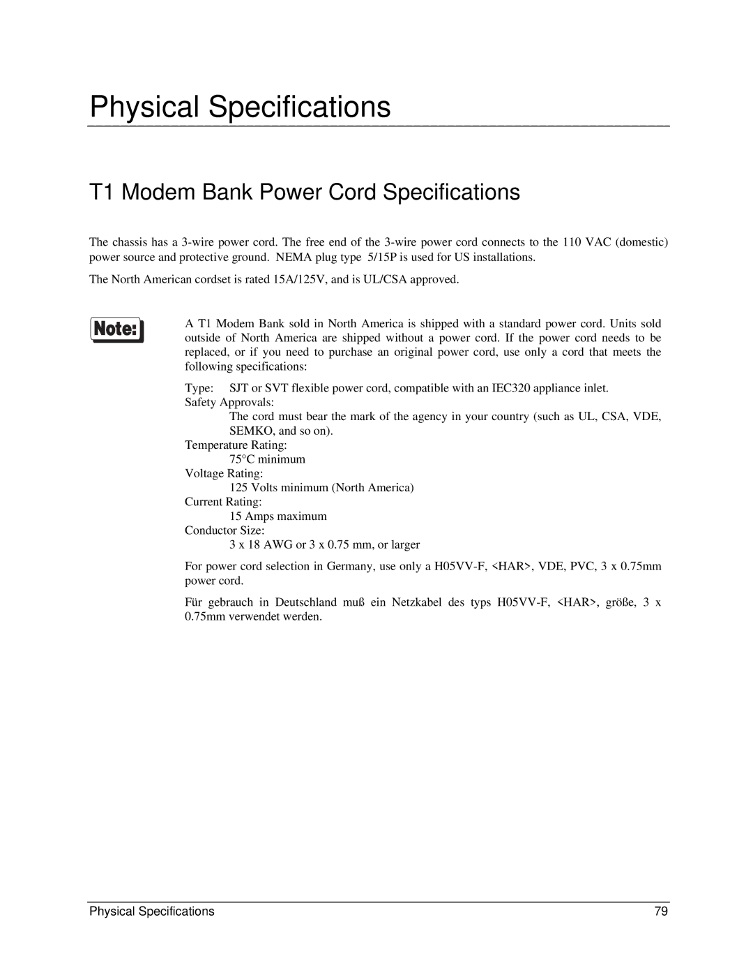 Digi 90031300 manual Physical Specifications, T1 Modem Bank Power Cord Specifications 