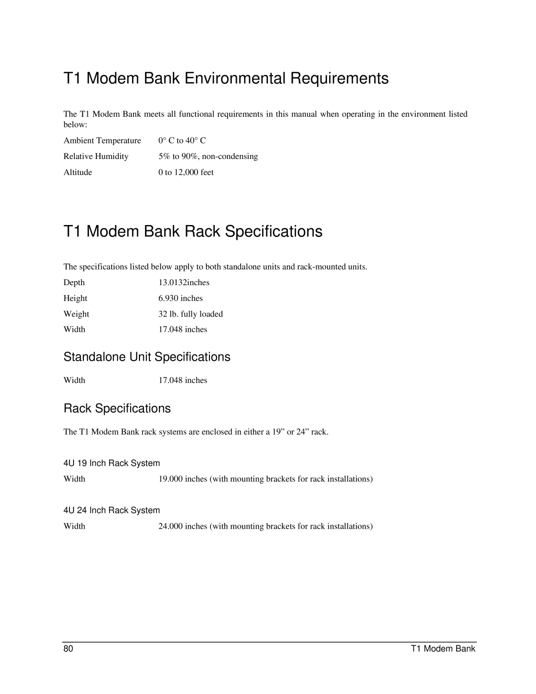 Digi 90031300 T1 Modem Bank Environmental Requirements, T1 Modem Bank Rack Specifications, Standalone Unit Specifications 