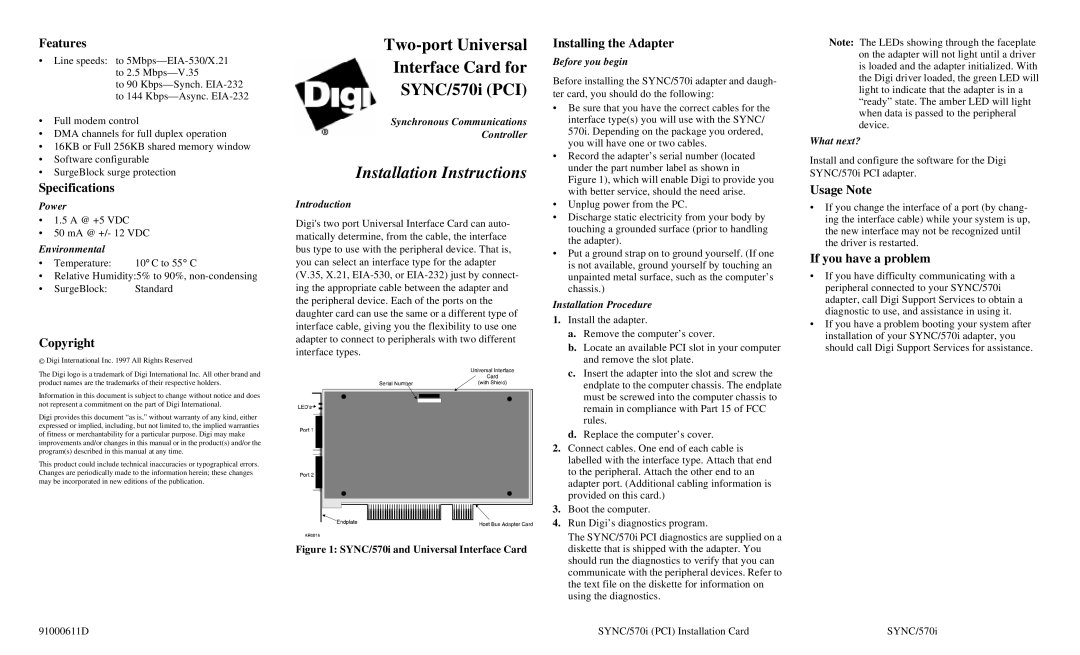 Digi 91000611D specifications Features, Specifications, Copyright, Installing the Adapter, Usage Note 