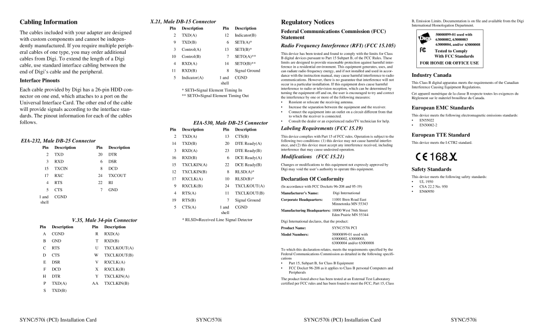 Digi 91000611D specifications Cabling Information, Regulatory Notices 