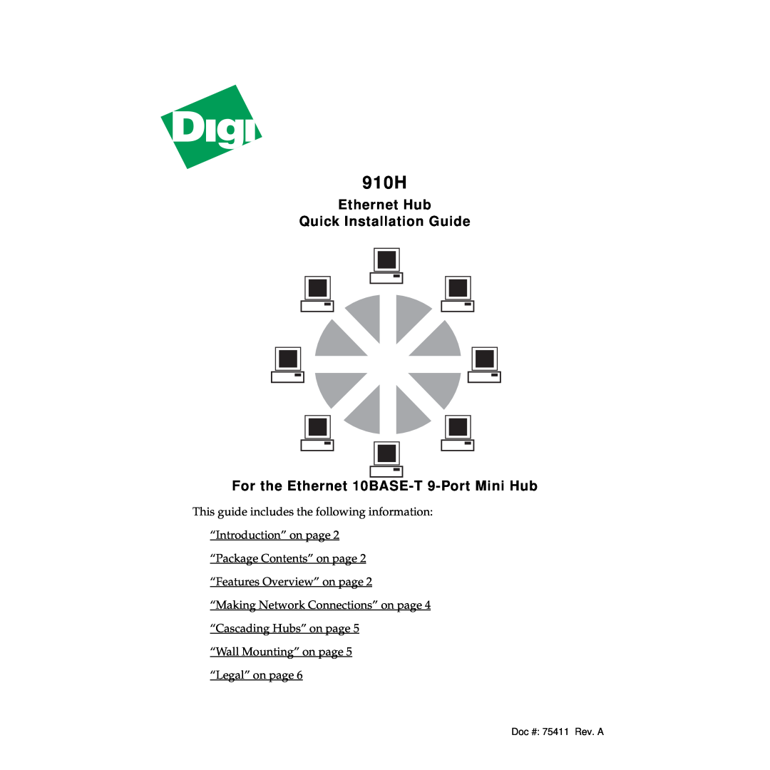 Digi 910H manual Ethernet Hub Quick Installation Guide, For the Ethernet 10BASE-T 9-Port Mini Hub, Doc # 75411 Rev. A 