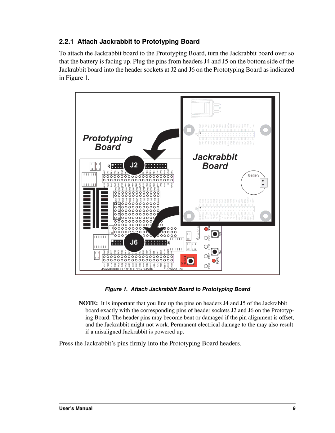 Digi BL1800 user manual Attach Jackrabbit to Prototyping Board 