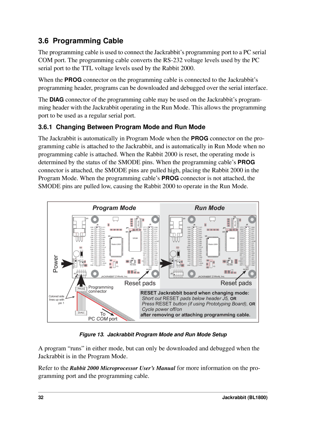 Digi BL1800 user manual Programming Cable, Changing Between Program Mode and Run Mode 