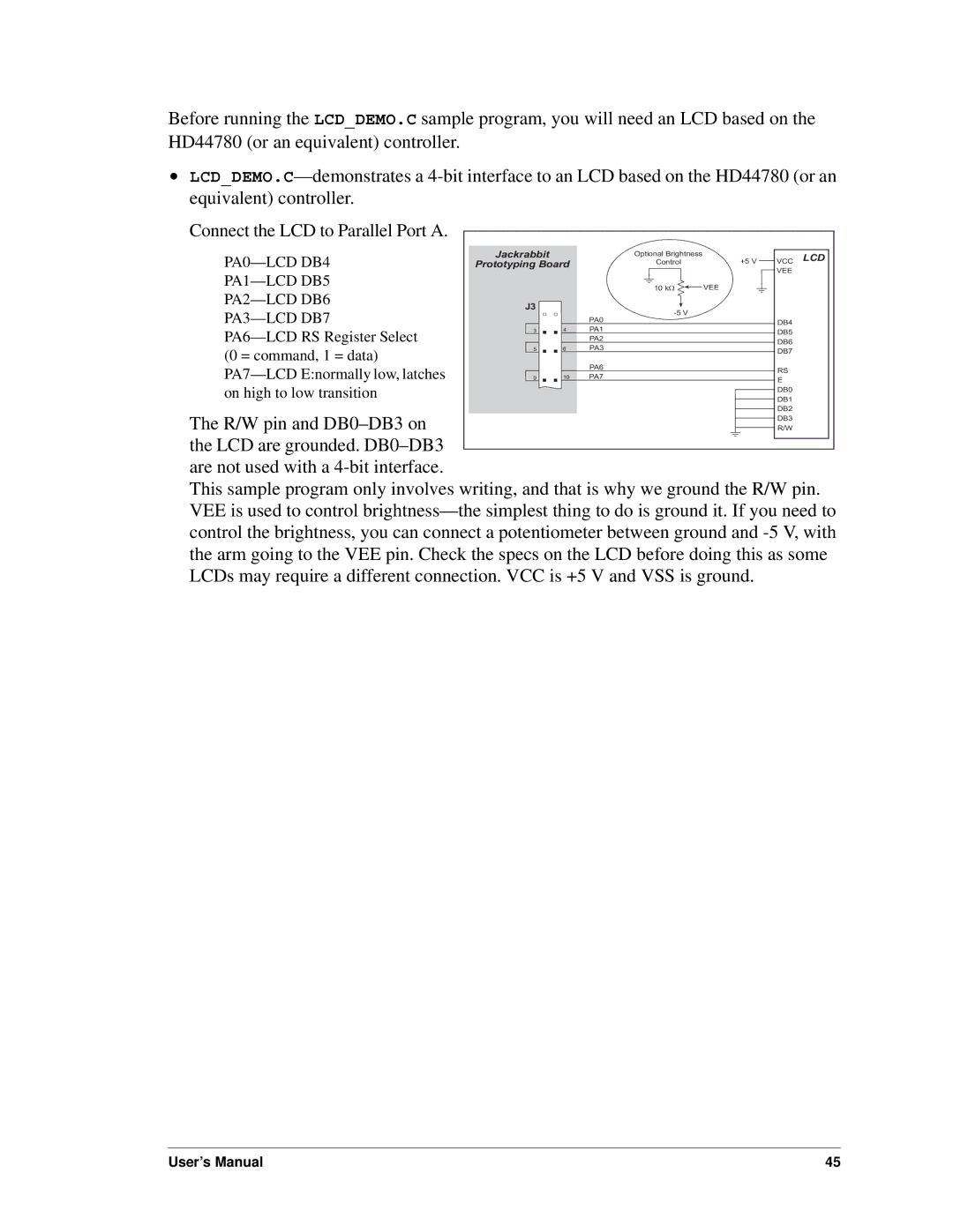 Digi BL1800 user manual R/W pin and DB0-DB3 on 