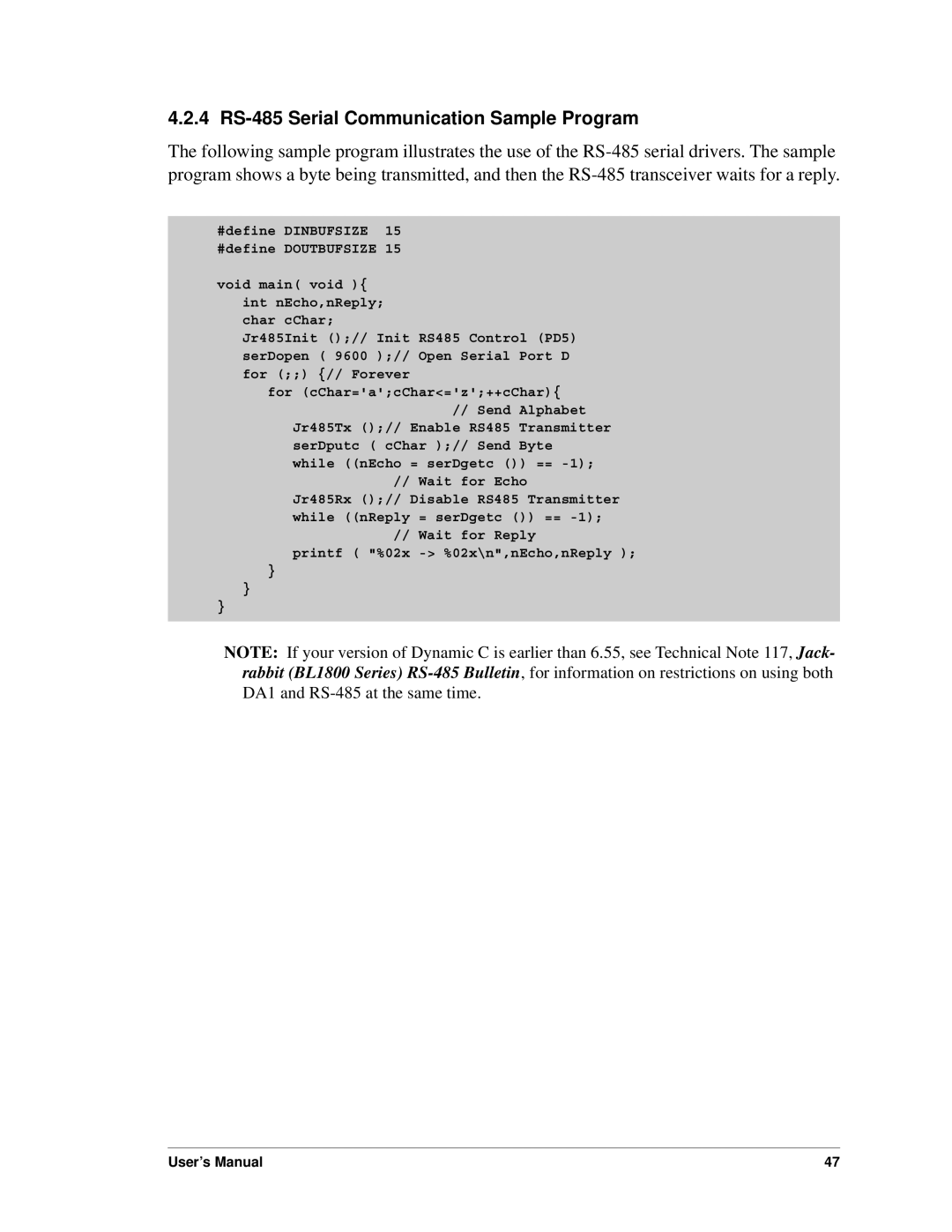 Digi BL1800 user manual 4 RS-485 Serial Communication Sample Program 