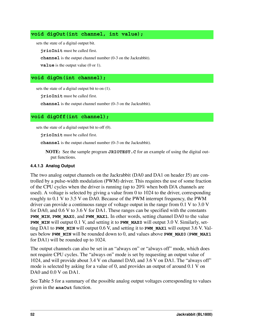 Digi BL1800 user manual Void digOutint channel, int value 