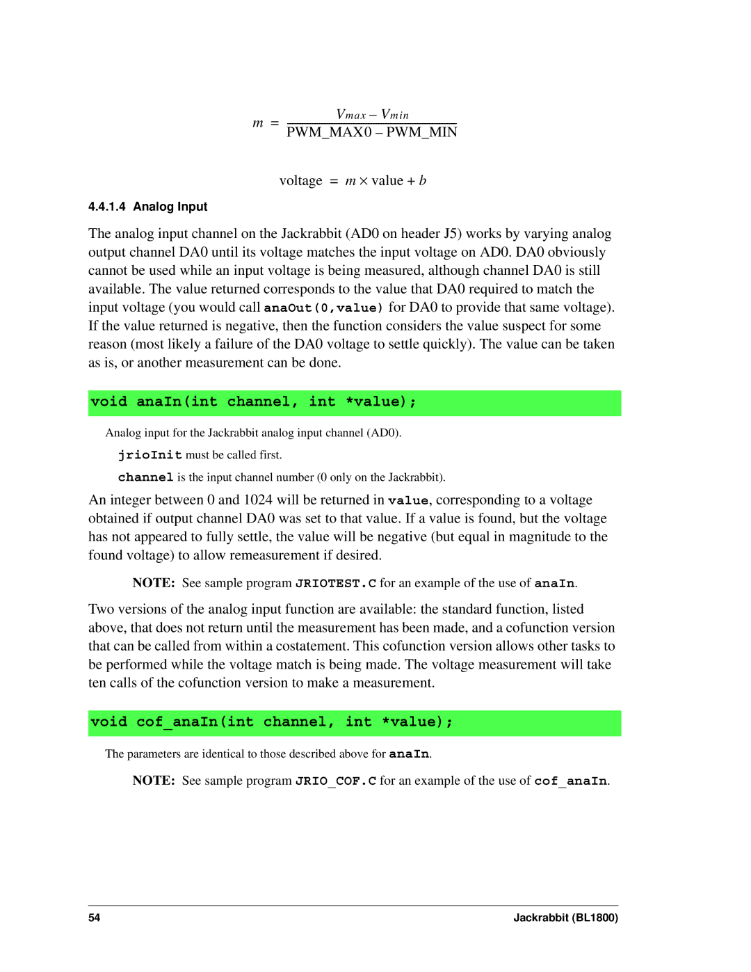 Digi BL1800 user manual Void anaInint channel, int *value 