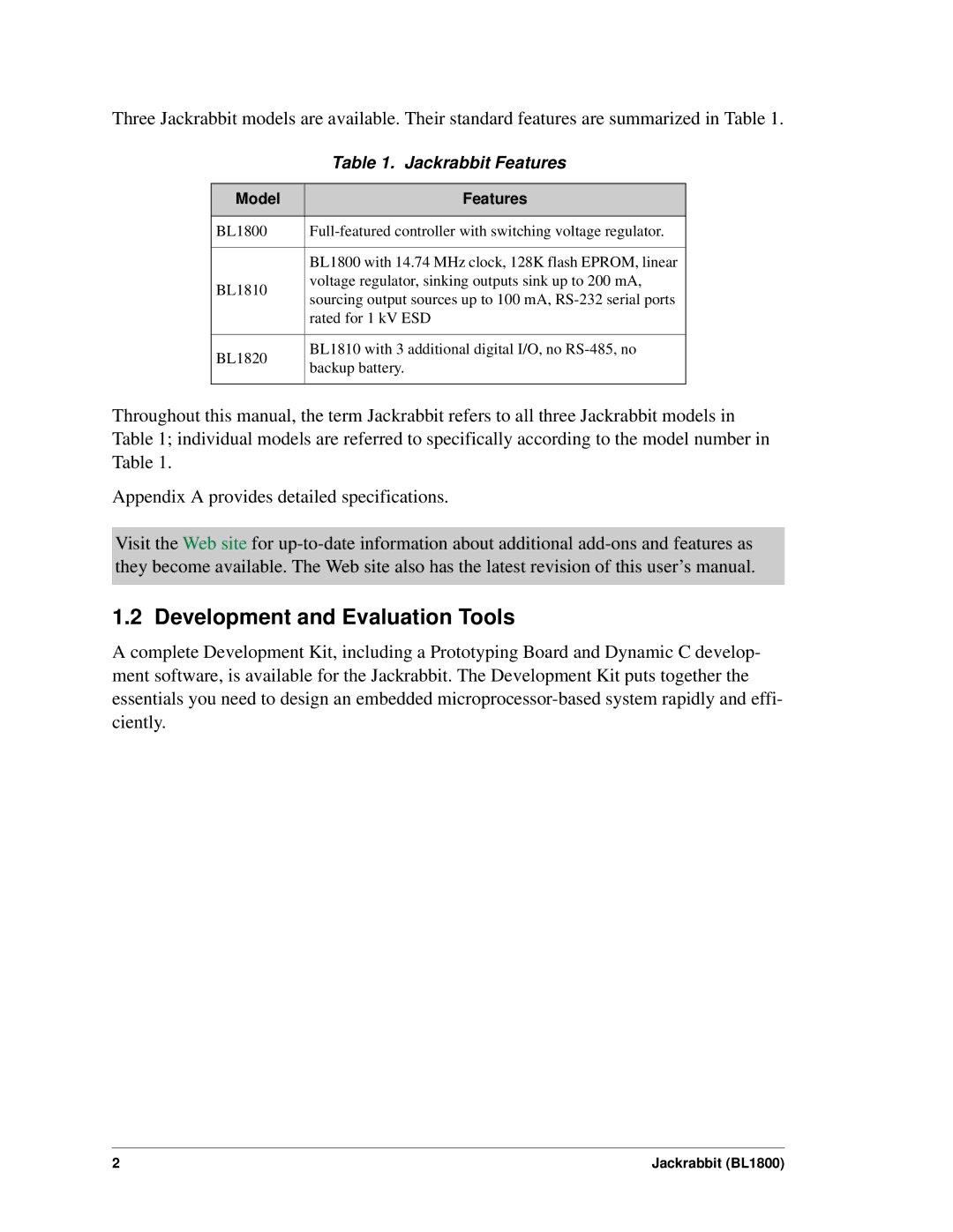 Digi BL1800 user manual Development and Evaluation Tools, Jackrabbit Features 