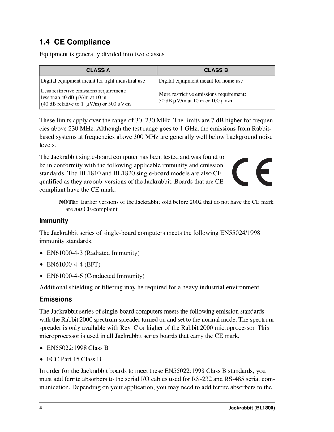 Digi BL1800 user manual CE Compliance, Immunity, Emissions 