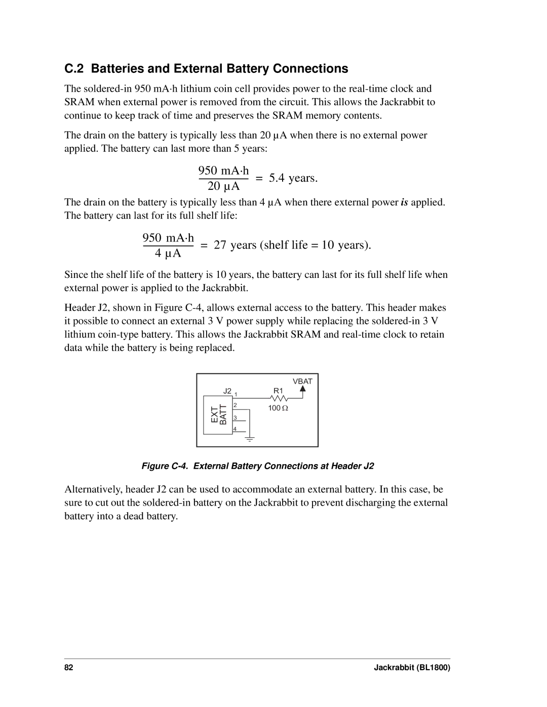 Digi BL1800 user manual Batteries and External Battery Connections, 950 mA·h = 5.4 years 20 µA 