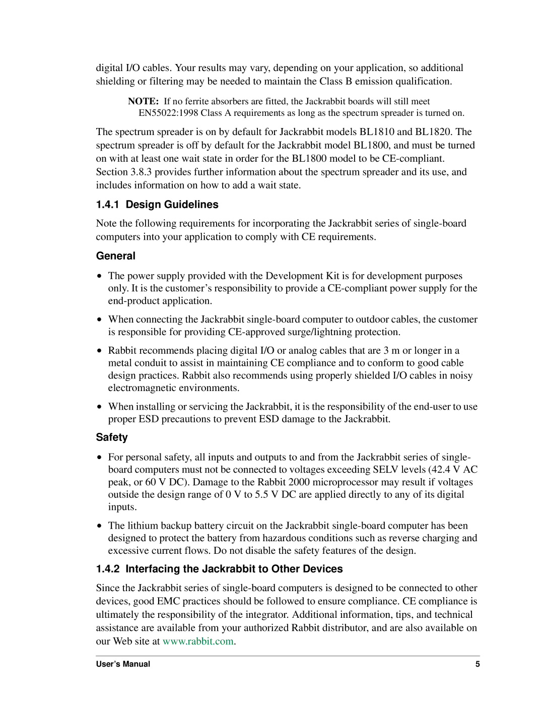 Digi BL1800 user manual Design Guidelines General, Safety, Interfacing the Jackrabbit to Other Devices 