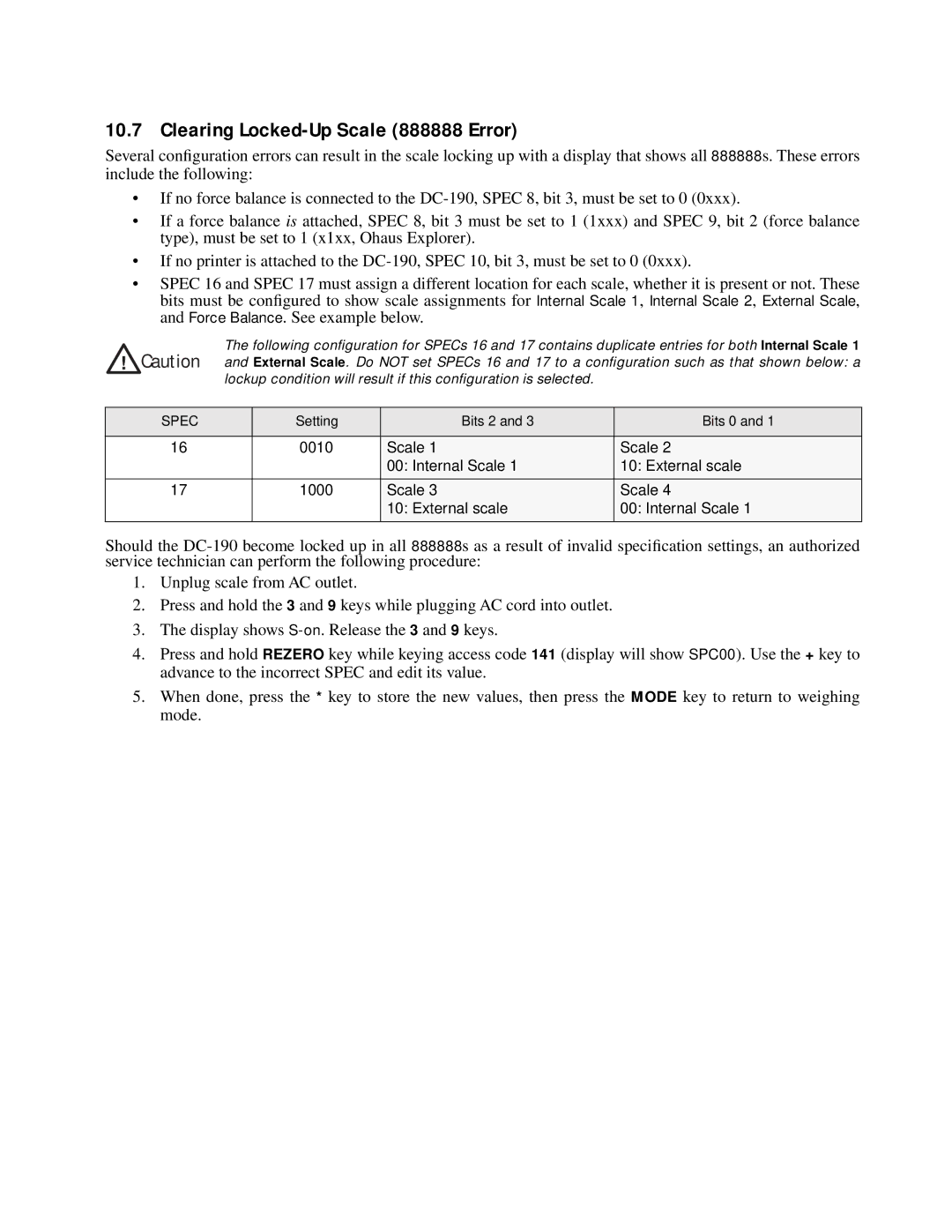 Digi DC-190 installation manual Clearing Locked-Up Scale 888888 Error, Spec 